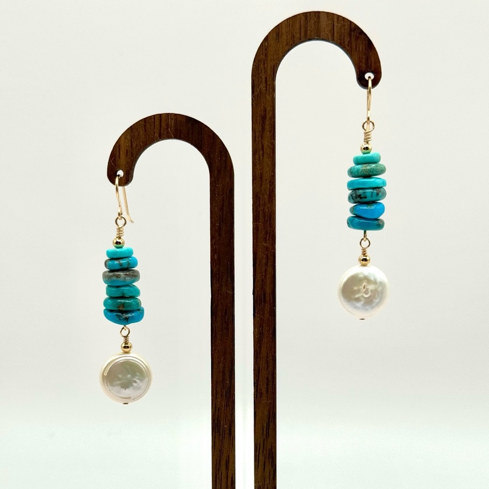 Handmade fresh water pearl and genuine turquoise earrings, gold filled hardware